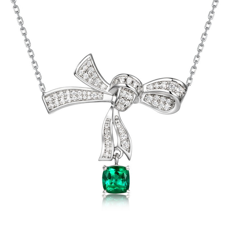 Bow-Knot Cultured Emerald Necklace In S925 Sterling Silver Pillow-Shaped