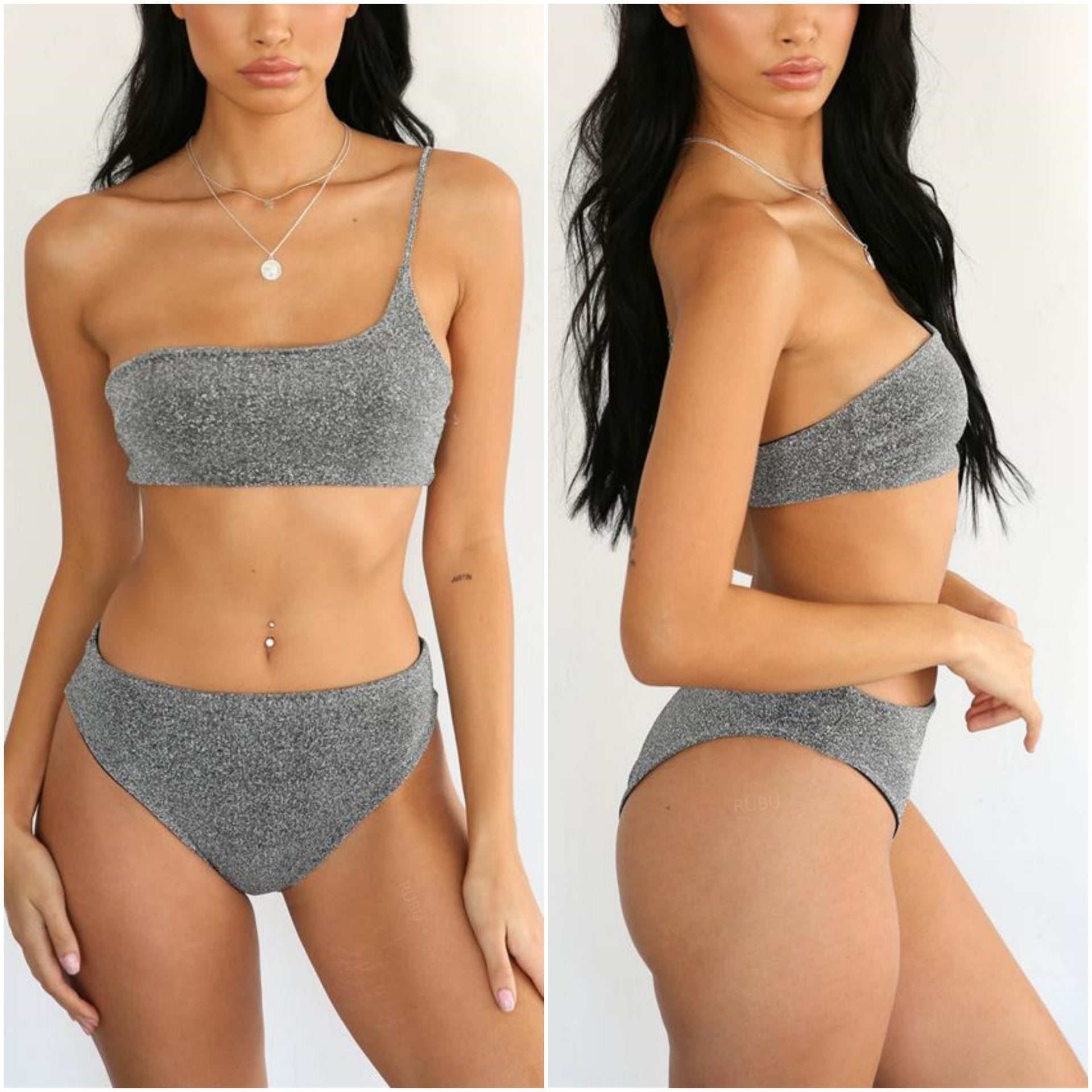 Womens Two-Piece Swimsuit With One ShoulderGold And Silver Thread Sparkle Bikini