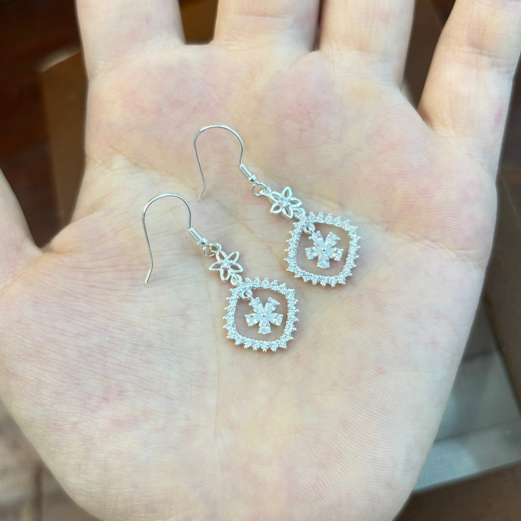 1 Pair 999 Sterling Silver Zircon Flower & Square Drop Earrings, Elegant & Versatile, Perfect For Daily, Party & Dating, Ideal Valentine's Gift