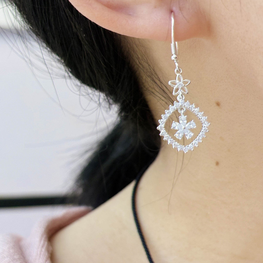 1 Pair 999 Sterling Silver Zircon Flower & Square Drop Earrings, Elegant & Versatile, Perfect For Daily, Party & Dating, Ideal Valentine's Gift