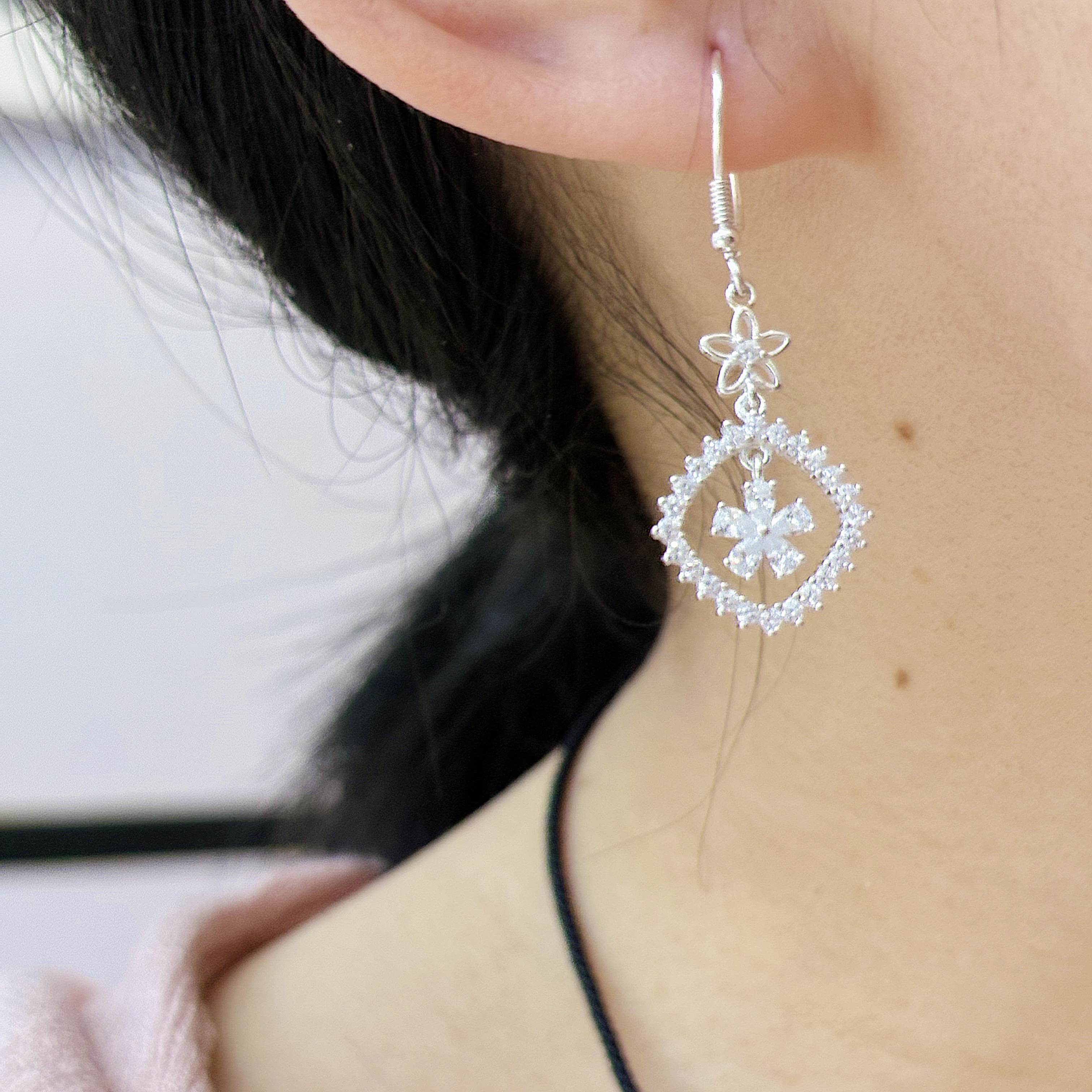 1 Pair 999 Sterling Silver Zircon Flower & Square Drop Earrings, Elegant & Versatile, Perfect For Daily, Party & Dating, Ideal Valentine's Gift
