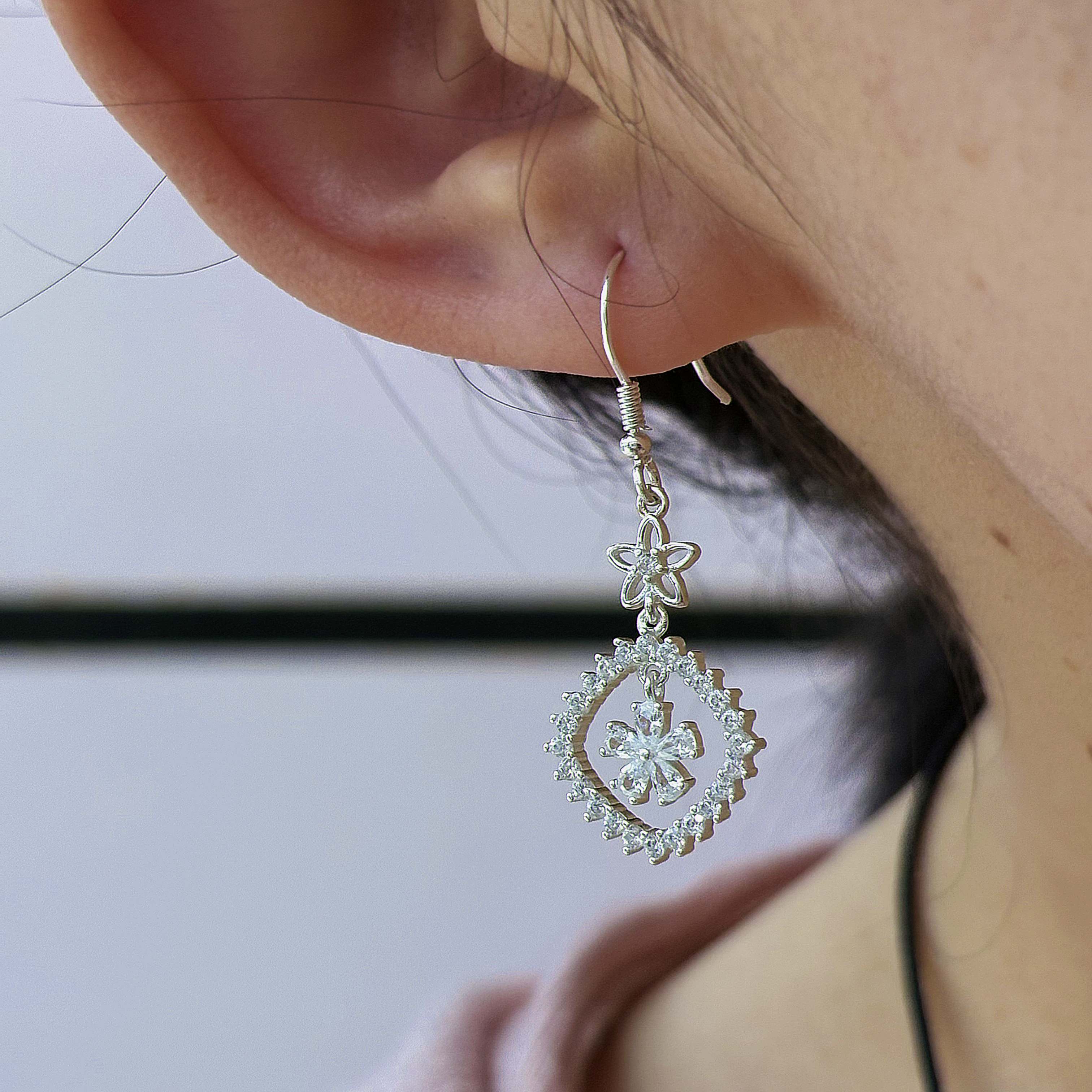 1 Pair 999 Sterling Silver Zircon Flower & Square Drop Earrings, Elegant & Versatile, Perfect For Daily, Party & Dating, Ideal Valentine's Gift