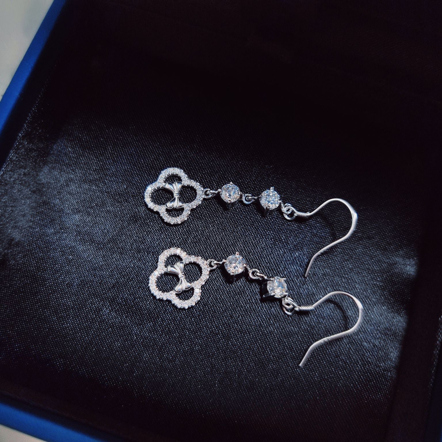 1 Pair 999 Sterling Silver Zircon Clover Bow Long Drop Earrings, Elegant & Versatile, Perfect For Daily, Party & Dating, Ideal Valentine's Gift