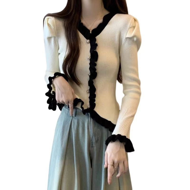Spring Autumn High-end French Chanel-style Lace-panelled Puffed-sleeve Womens Top