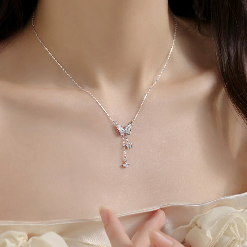 Full-Crystal Three-Butterfly Tassel Necklace For Women