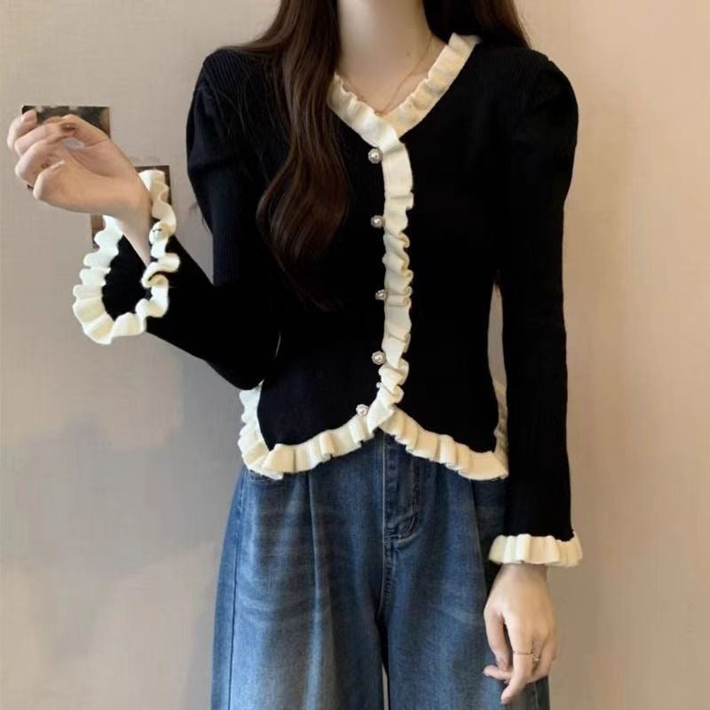 Spring Autumn High-end French Chanel-style Lace-panelled Puffed-sleeve Womens Top