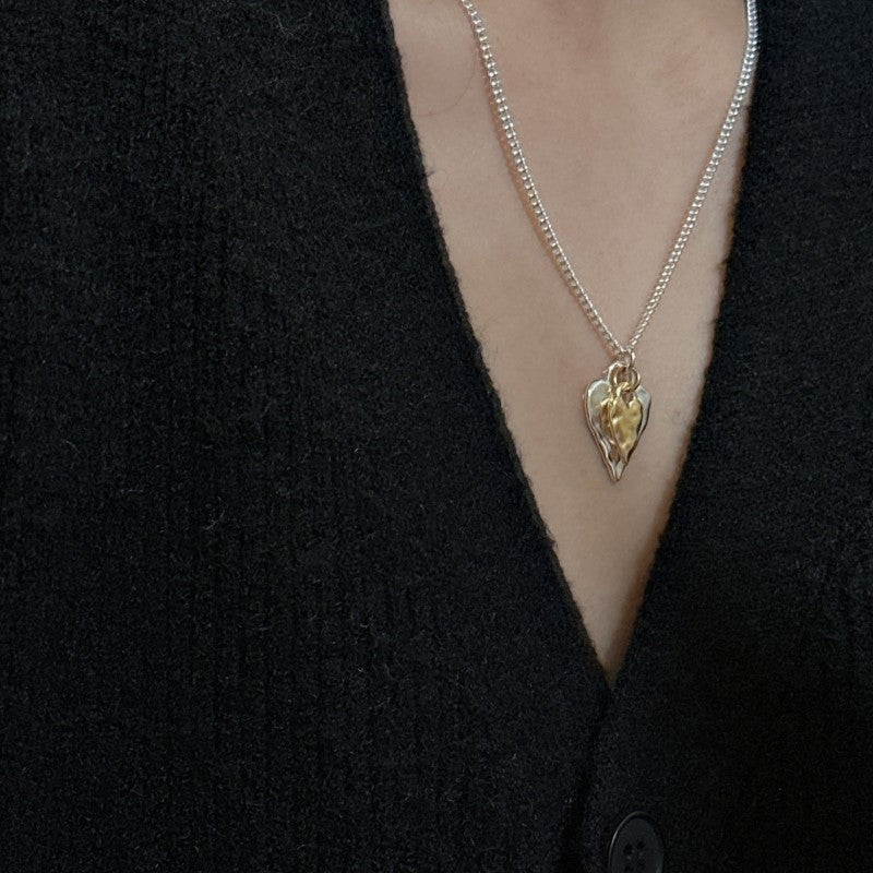 S925 Sterling Silver Fashionable Heart-Shaped Necklace In Contrasting Gold And Silver Colors