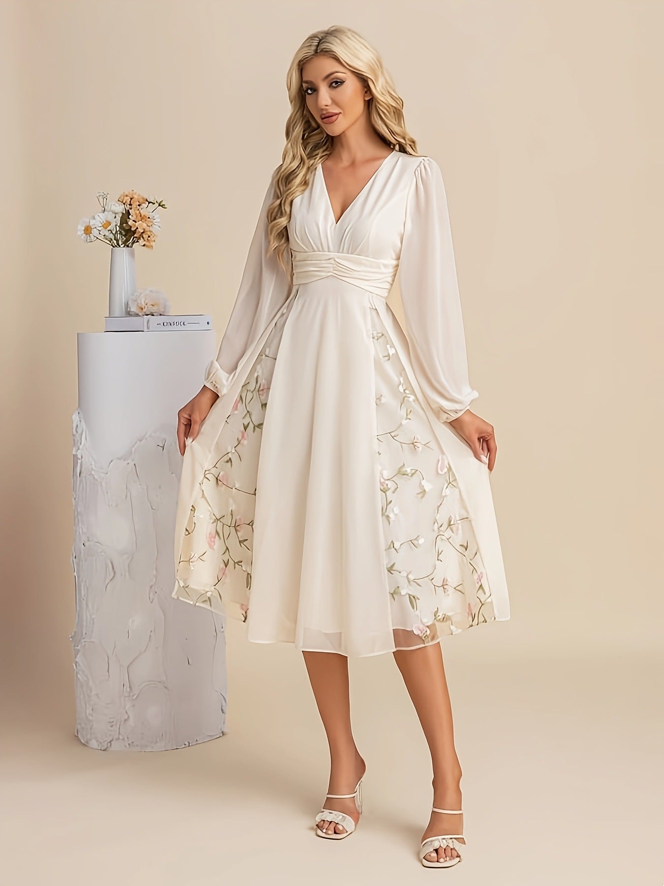 Floral Long-Sleeve V-Neck Pleated Dress For Women