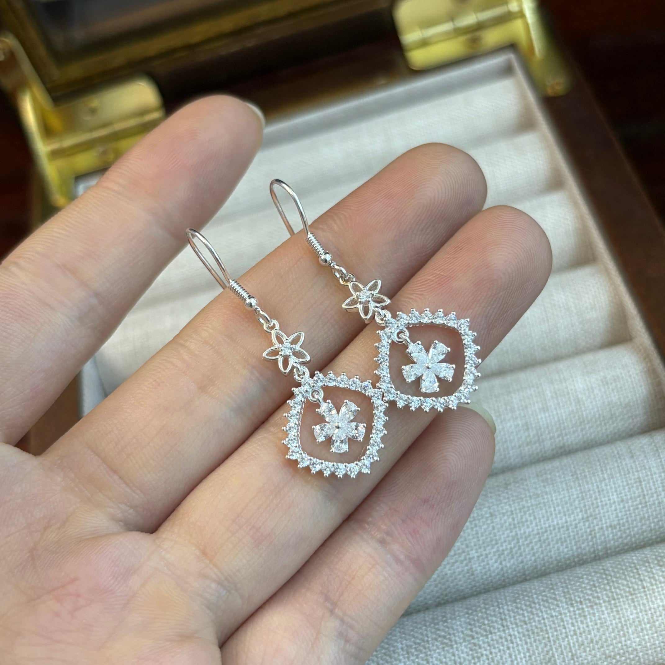 1 Pair 999 Sterling Silver Zircon Flower & Square Drop Earrings, Elegant & Versatile, Perfect For Daily, Party & Dating, Ideal Valentine's Gift