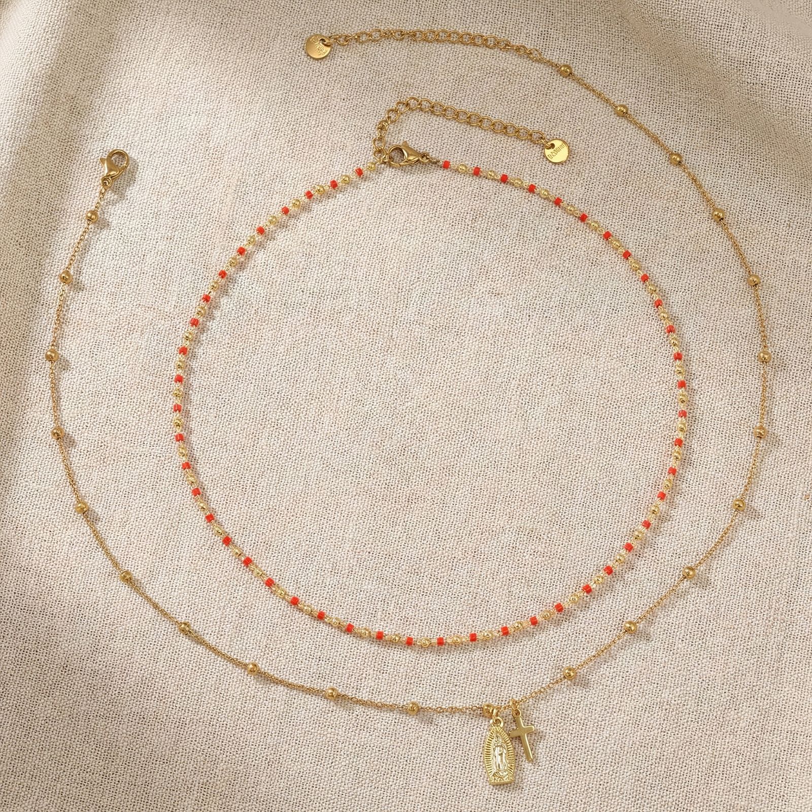 Handmade Beaded Red And Gold Double-Layer Necklace