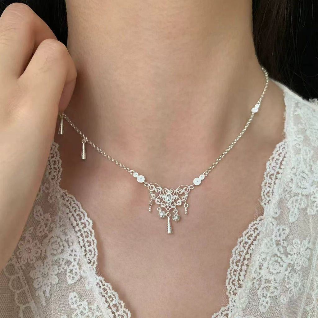 1Pc S999 Pure Silver Lock Pendant Necklace, Delicate Tassel Chain, Elegant Boho Style For Daily & Gifting