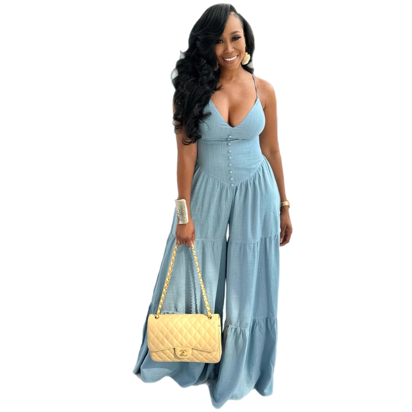 Womens Solid Color Deep V-Neck Long High-Waist Jumpsuit