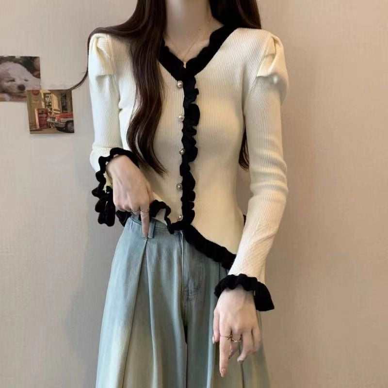 Spring Autumn High-end French Chanel-style Lace-panelled Puffed-sleeve Womens Top