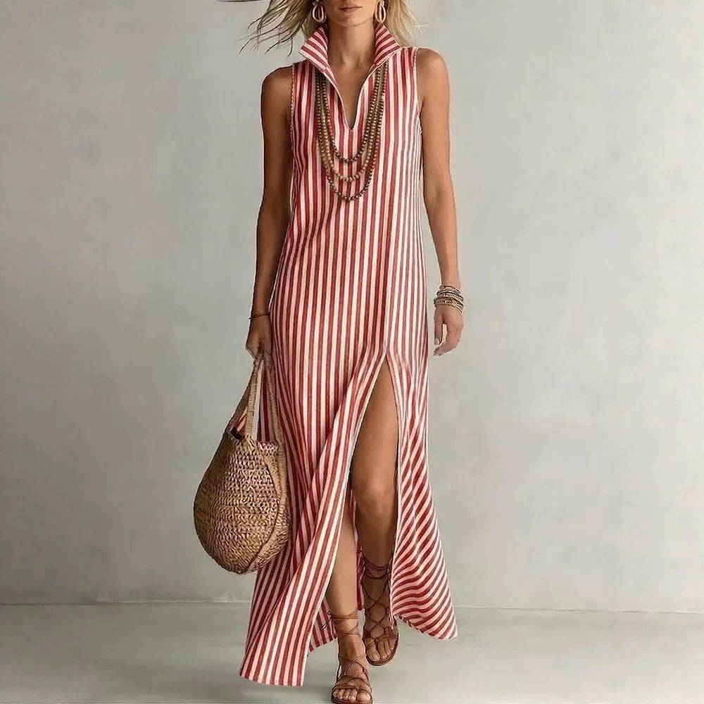 Seasonal New Womens Striped Stand Collar Side-Slit Camisole Dress