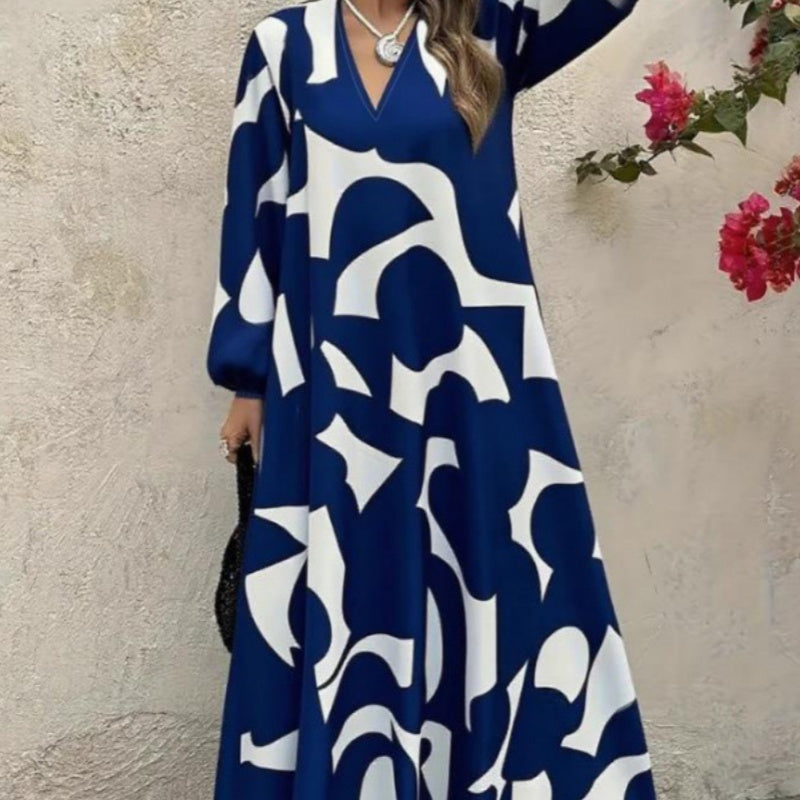 Elegant V-Neck Long-Sleeve Fashionable Floral Print Dress For Women