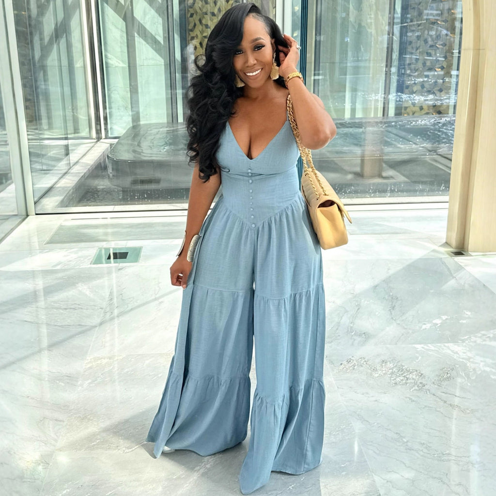 Womens Solid Color Deep V-Neck Long High-Waist Jumpsuit