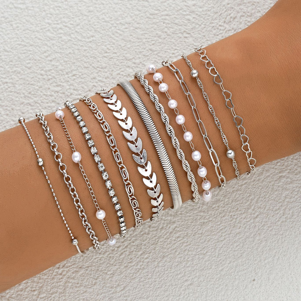 European And American Style Exquisite Beaded Chain Simple Fashionable 12-Piece Bracelet Set For Women