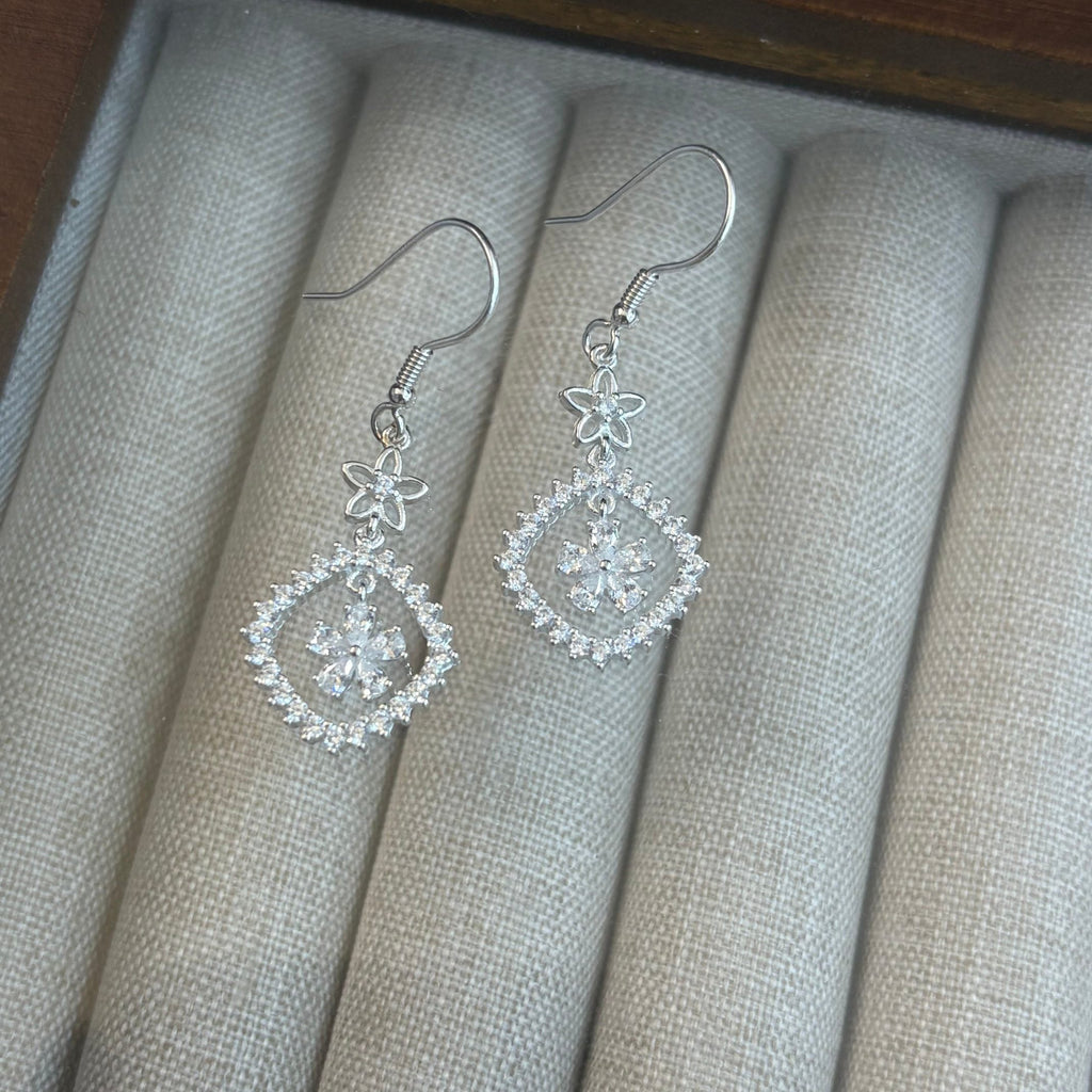 1 Pair 999 Sterling Silver Zircon Flower & Square Drop Earrings, Elegant & Versatile, Perfect For Daily, Party & Dating, Ideal Valentine's Gift