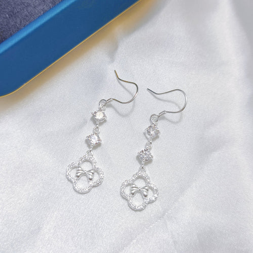 1 Pair 999 Sterling Silver Zircon Clover Bow Long Drop Earrings, Elegant & Versatile, Perfect For Daily, Party & Dating, Ideal Valentine's Gift