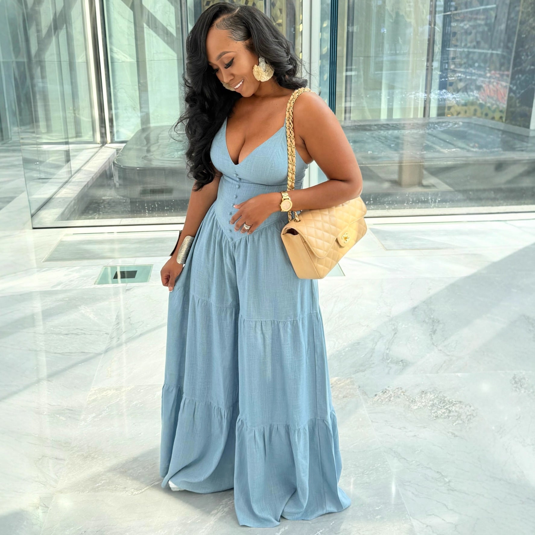 Womens Solid Color Deep V-Neck Long High-Waist Jumpsuit