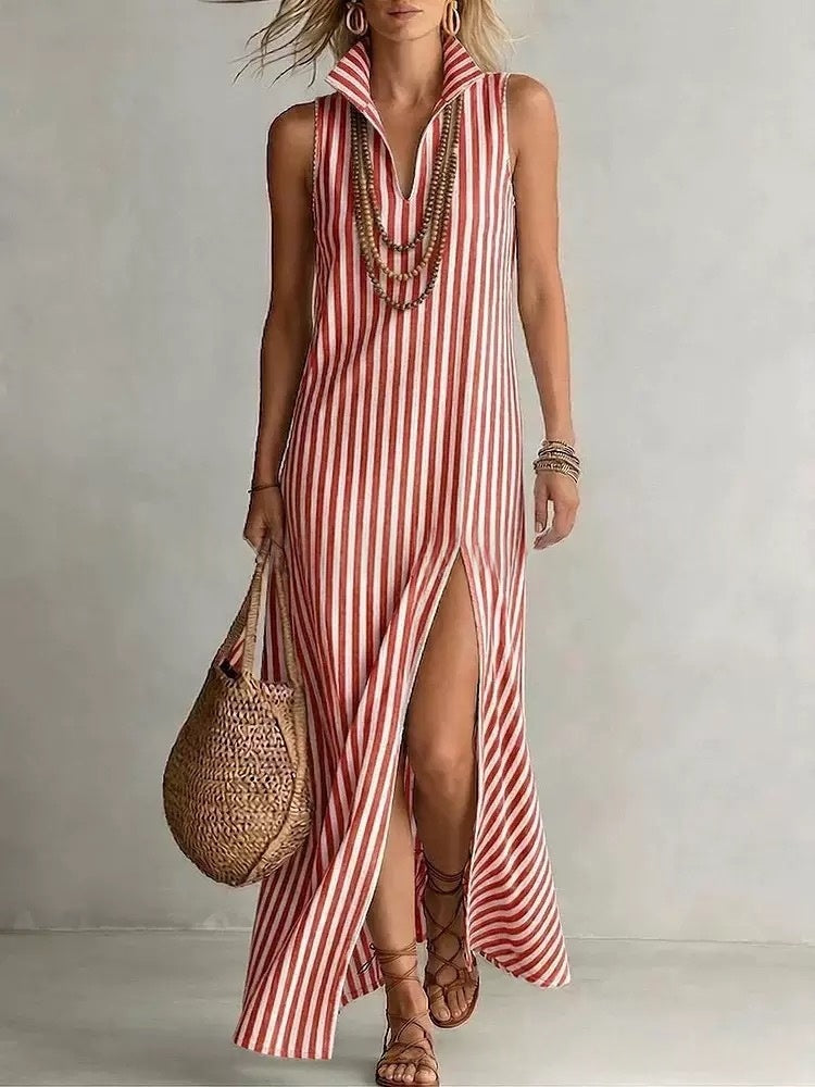 Seasonal New Womens Striped Stand Collar Side-Slit Camisole Dress