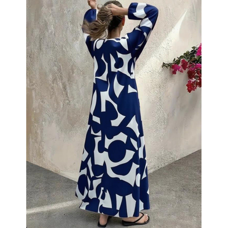 Elegant V-Neck Long-Sleeve Fashionable Floral Print Dress For Women