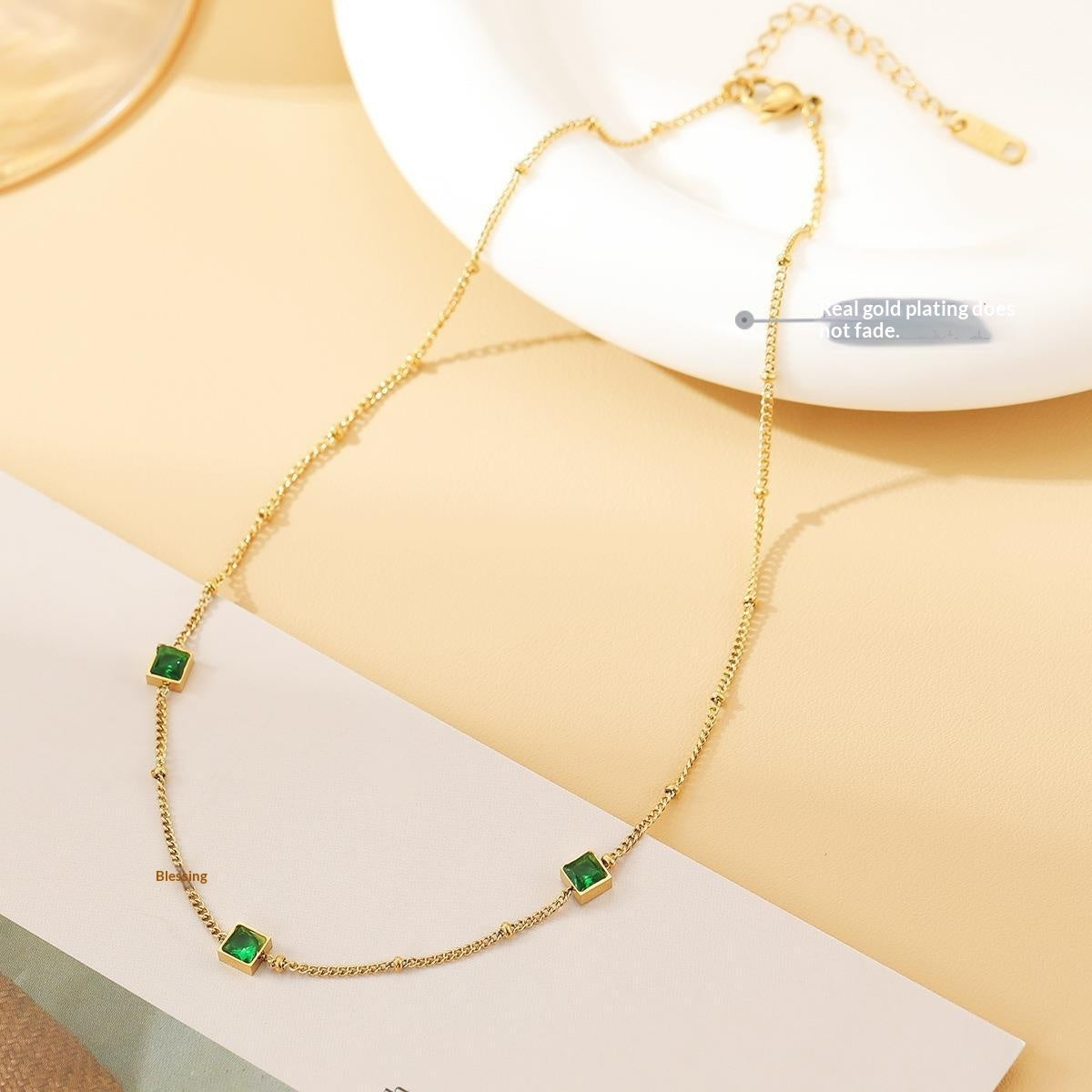 Square-shaped Delicately Crafted Versatile Colored Zircon And Green Zircon Titanium Steel Necklace For Women