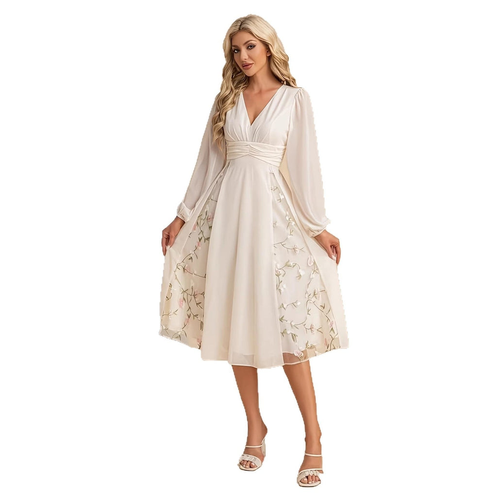 Floral Long-Sleeve V-Neck Pleated Dress For Women