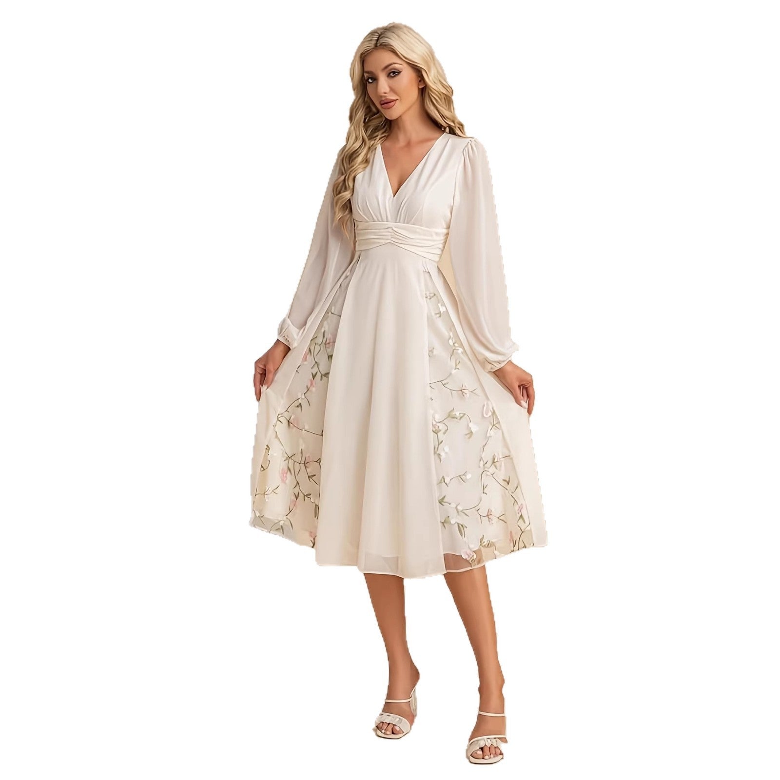 Floral Long-Sleeve V-Neck Pleated Dress For Women