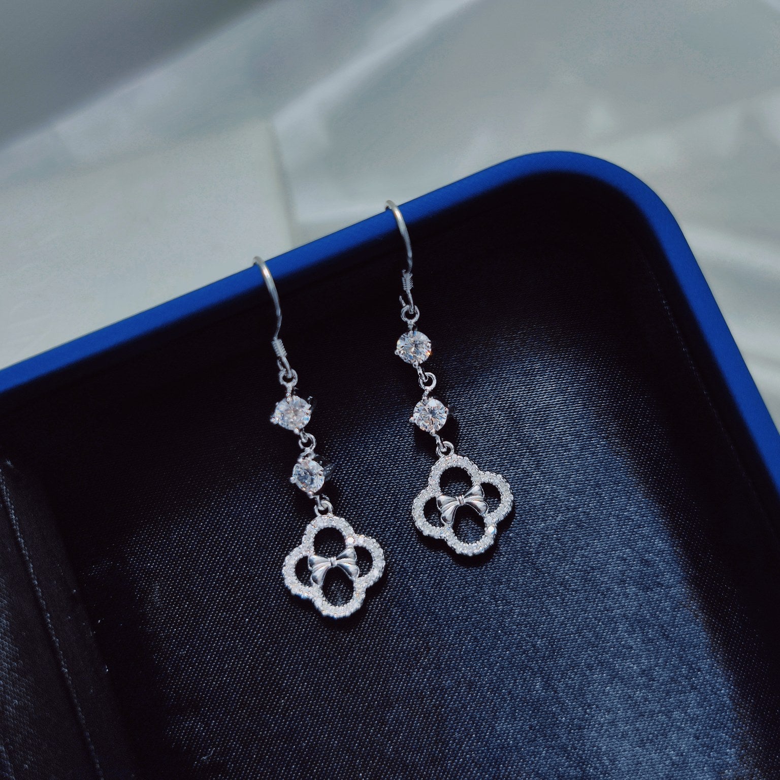 1 Pair 999 Sterling Silver Zircon Clover Bow Long Drop Earrings, Elegant & Versatile, Perfect For Daily, Party & Dating, Ideal Valentine's Gift