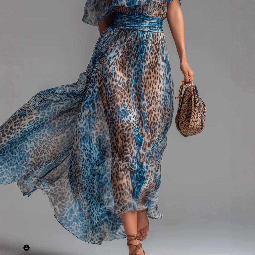 Blue-toned Leopard-print Chiffon Off-shoulder Dress For Women