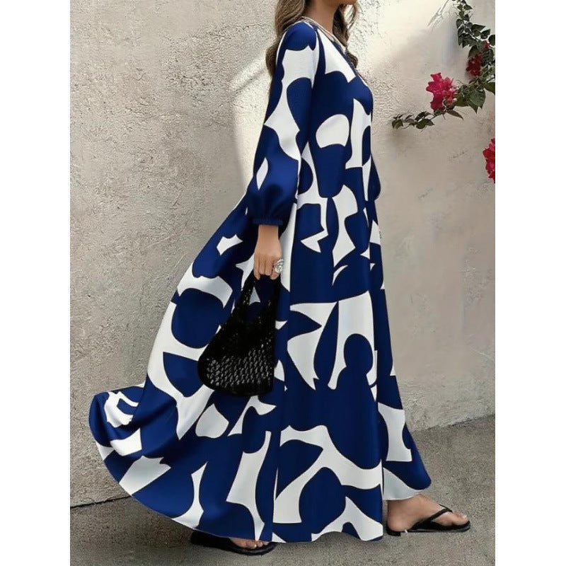 Elegant V-Neck Long-Sleeve Fashionable Floral Print Dress For Women