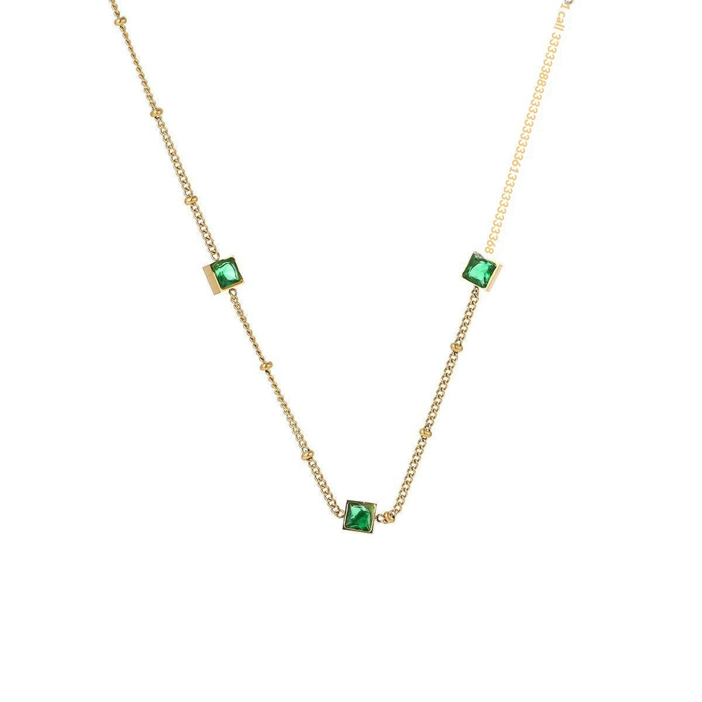 Square-shaped Delicately Crafted Versatile Colored Zircon And Green Zircon Titanium Steel Necklace For Women