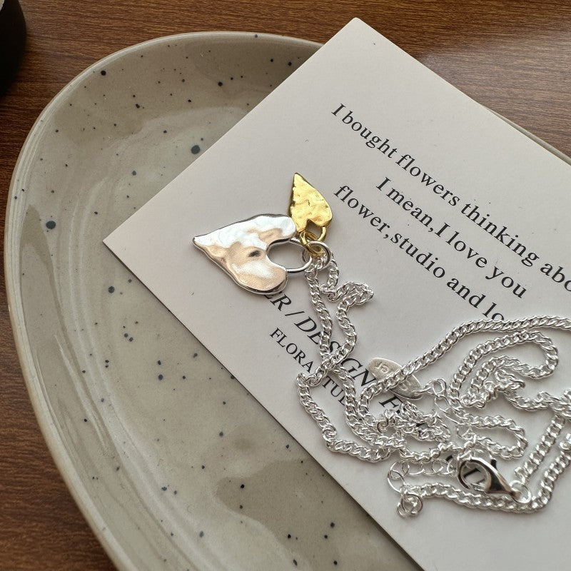 S925 Sterling Silver Fashionable Heart-Shaped Necklace In Contrasting Gold And Silver Colors