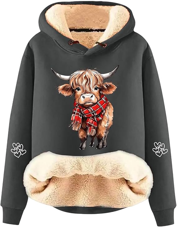 Highland Cow Hooides Jumpers for Women Fleece Lined Sherpa Hoodie