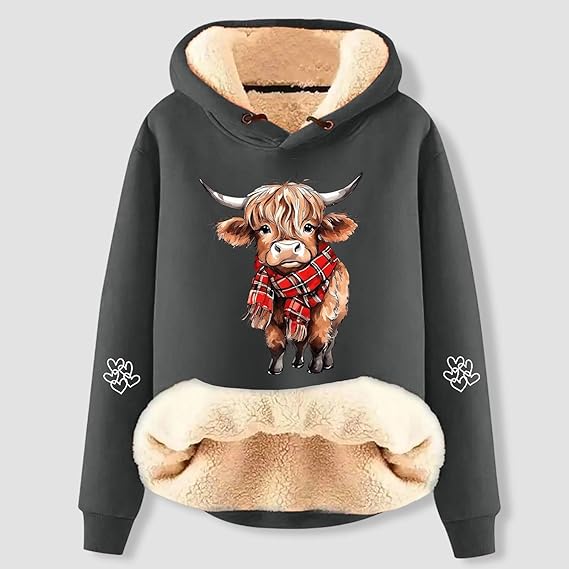 Highland Cow Hooides Jumpers for Women Fleece Lined Sherpa Hoodie