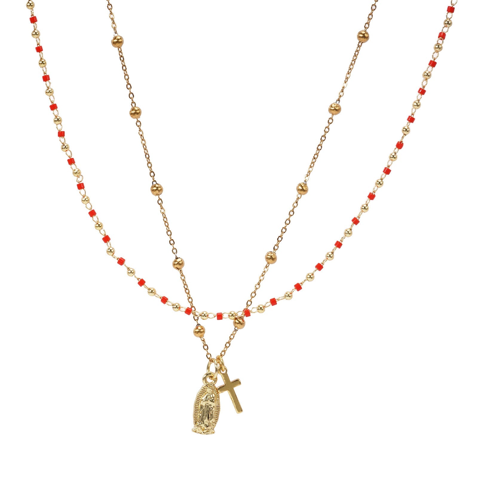 Handmade Beaded Red And Gold Double-Layer Necklace