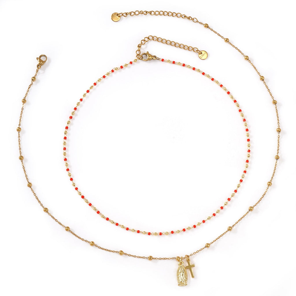 Handmade Beaded Red And Gold Double-Layer Necklace