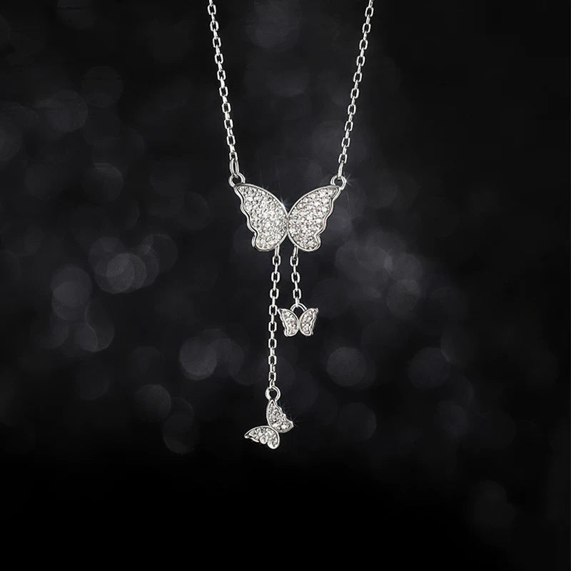 Full-Crystal Three-Butterfly Tassel Necklace For Women