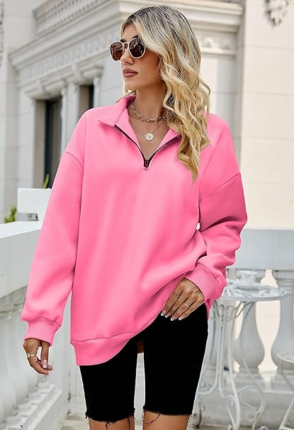 Famulily Womens Warm Basic Sweatshirt with Pockets Lapel Half Zip