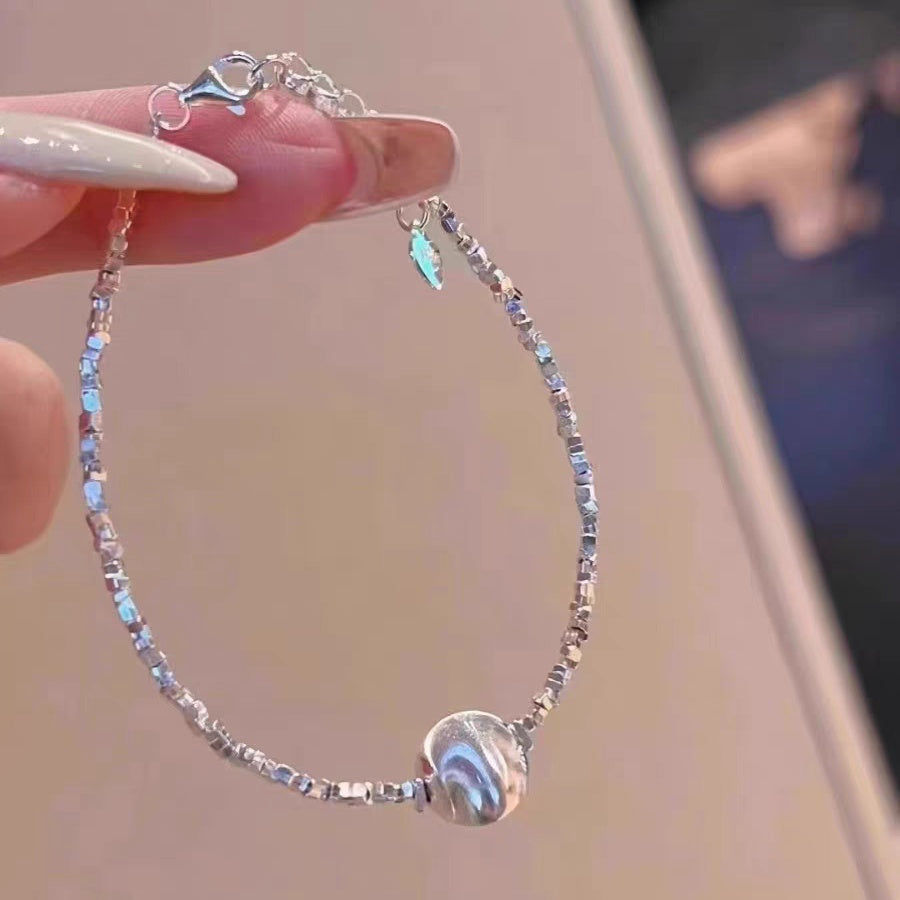 1Pc S999 Pure Silver Cat Eye Broken Bead Bracelet, Minimalist Elegant Style, Perfect For Daily Wear & Gifting