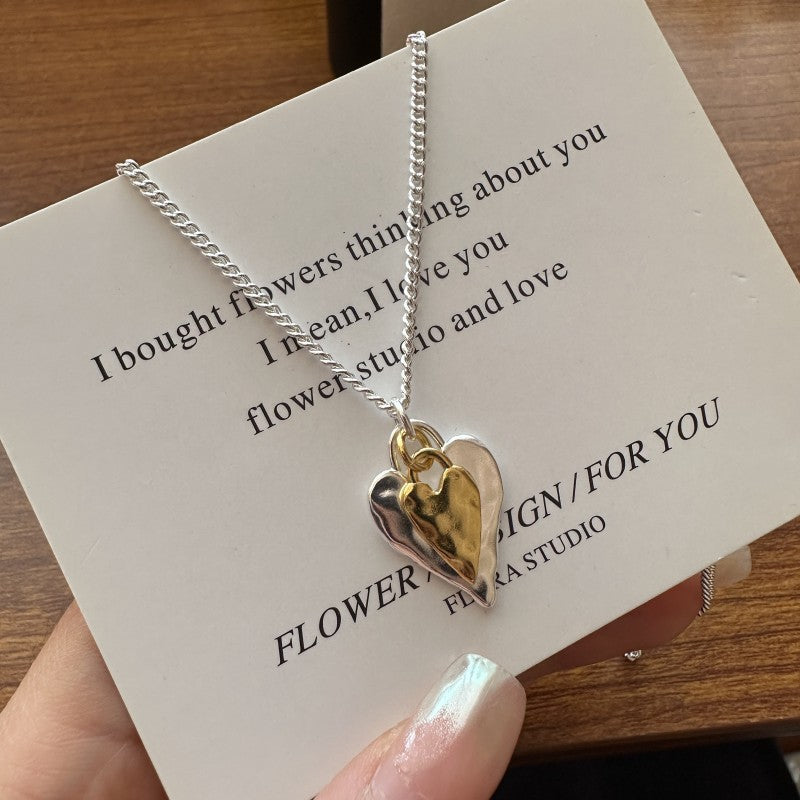 S925 Sterling Silver Fashionable Heart-Shaped Necklace In Contrasting Gold And Silver Colors