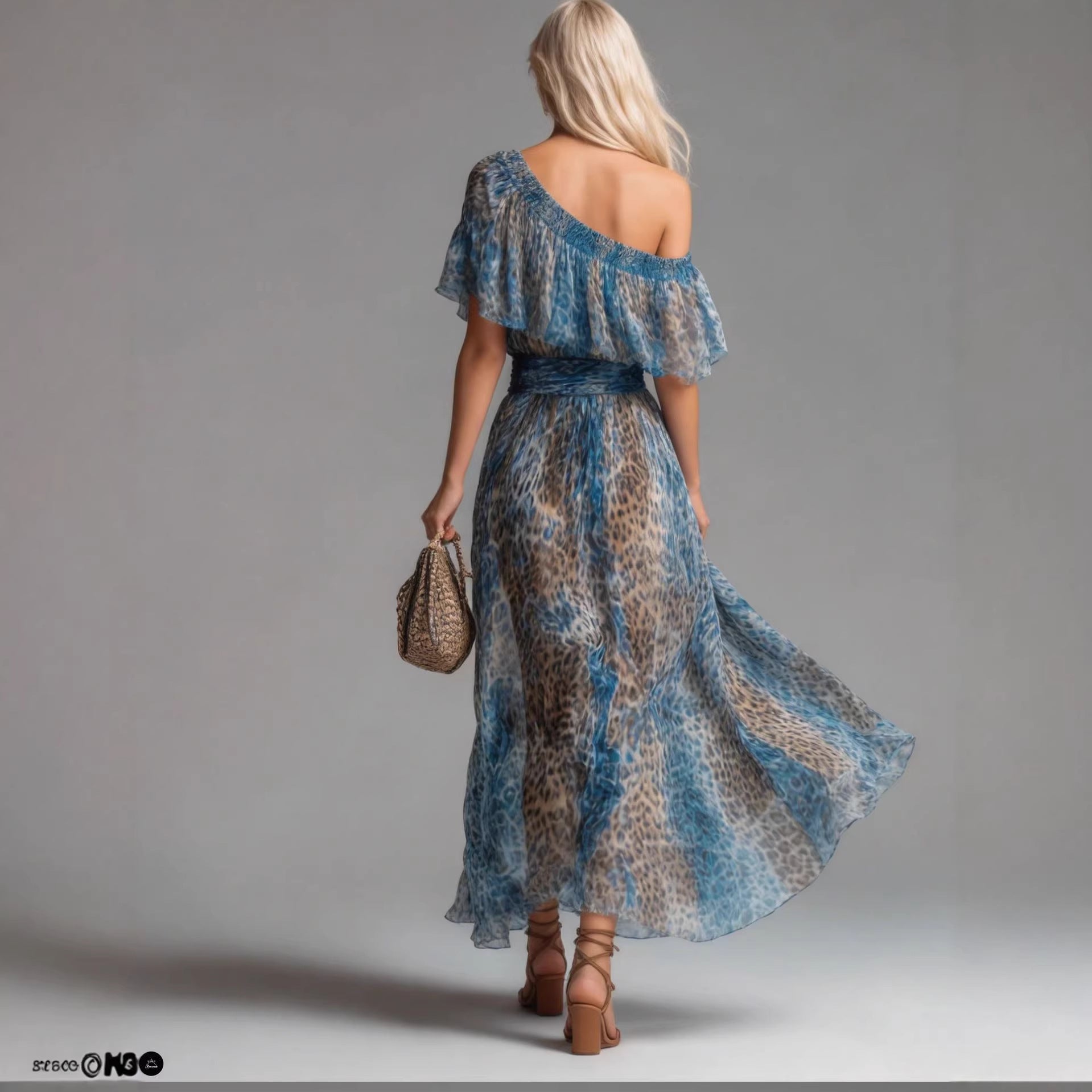 Blue-toned Leopard-print Chiffon Off-shoulder Dress For Women