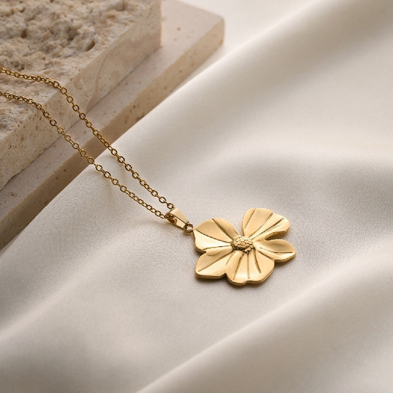 Stainless Steel Necklace With 18K Gold-Plated Leaf And Flower Pendant For Women