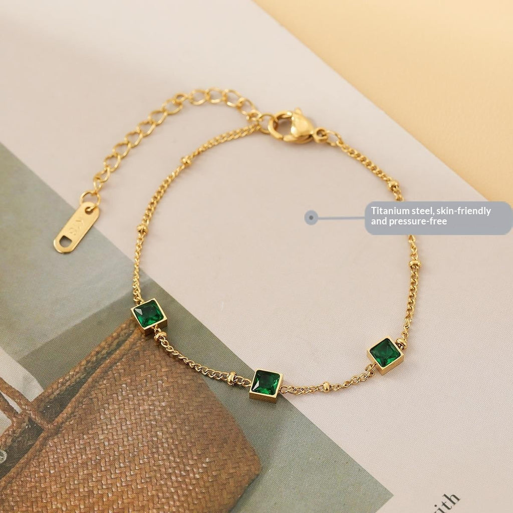 Square-shaped Delicately Crafted Versatile Colored Zircon And Green Zircon Titanium Steel Necklace For Women