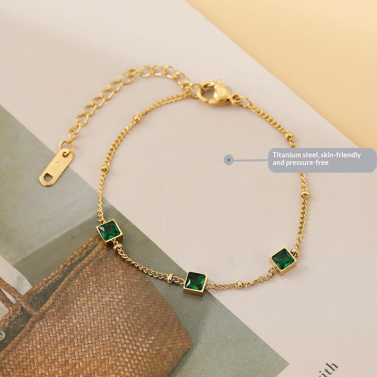 Square-shaped Delicately Crafted Versatile Colored Zircon And Green Zircon Titanium Steel Necklace For Women