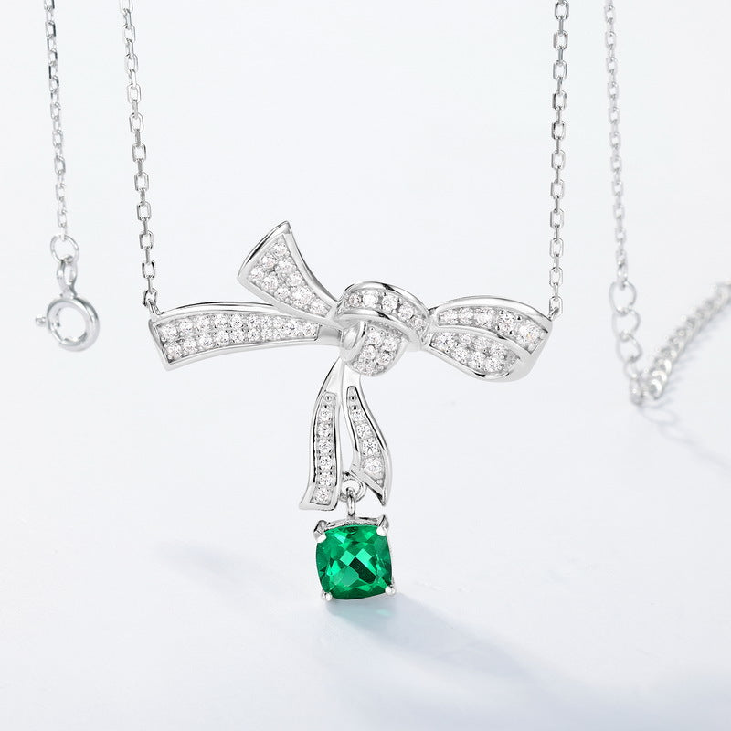 Bow-Knot Cultured Emerald Necklace In S925 Sterling Silver Pillow-Shaped