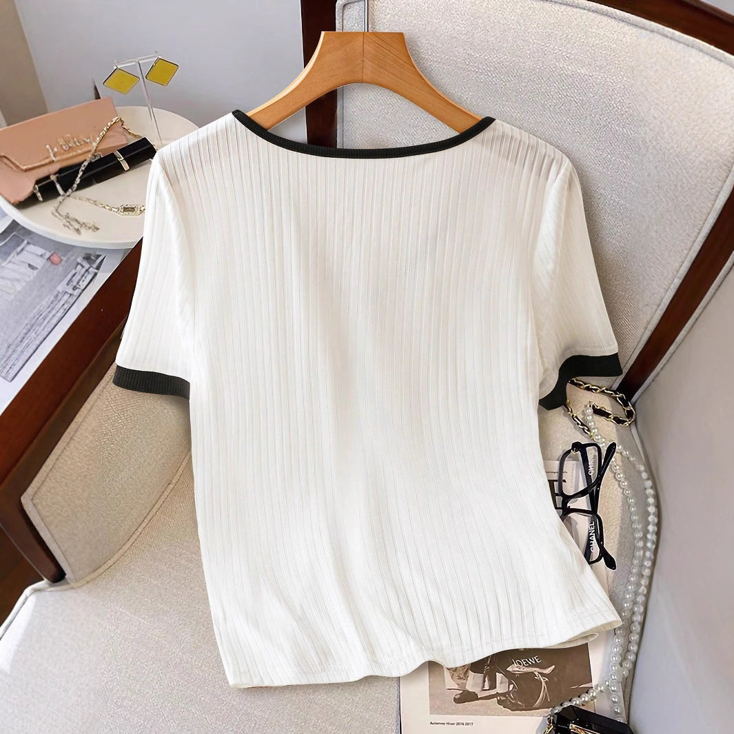 Slim-fit Knit Womens Clothing Contrast-color Womens Short Sleeves