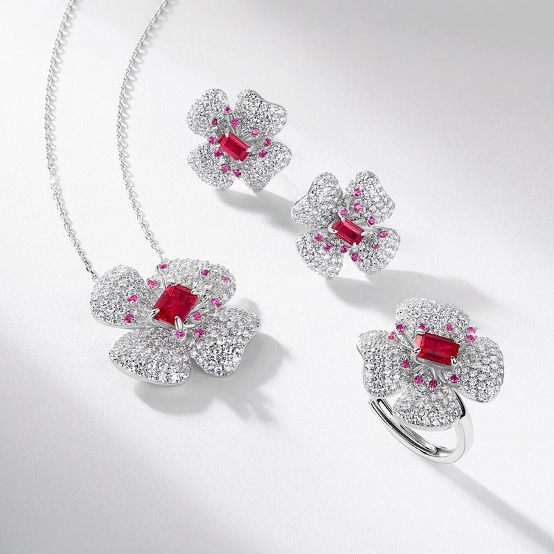 S925 Silver Four-Leaf Clover Flower Cultured Ruby Necklace