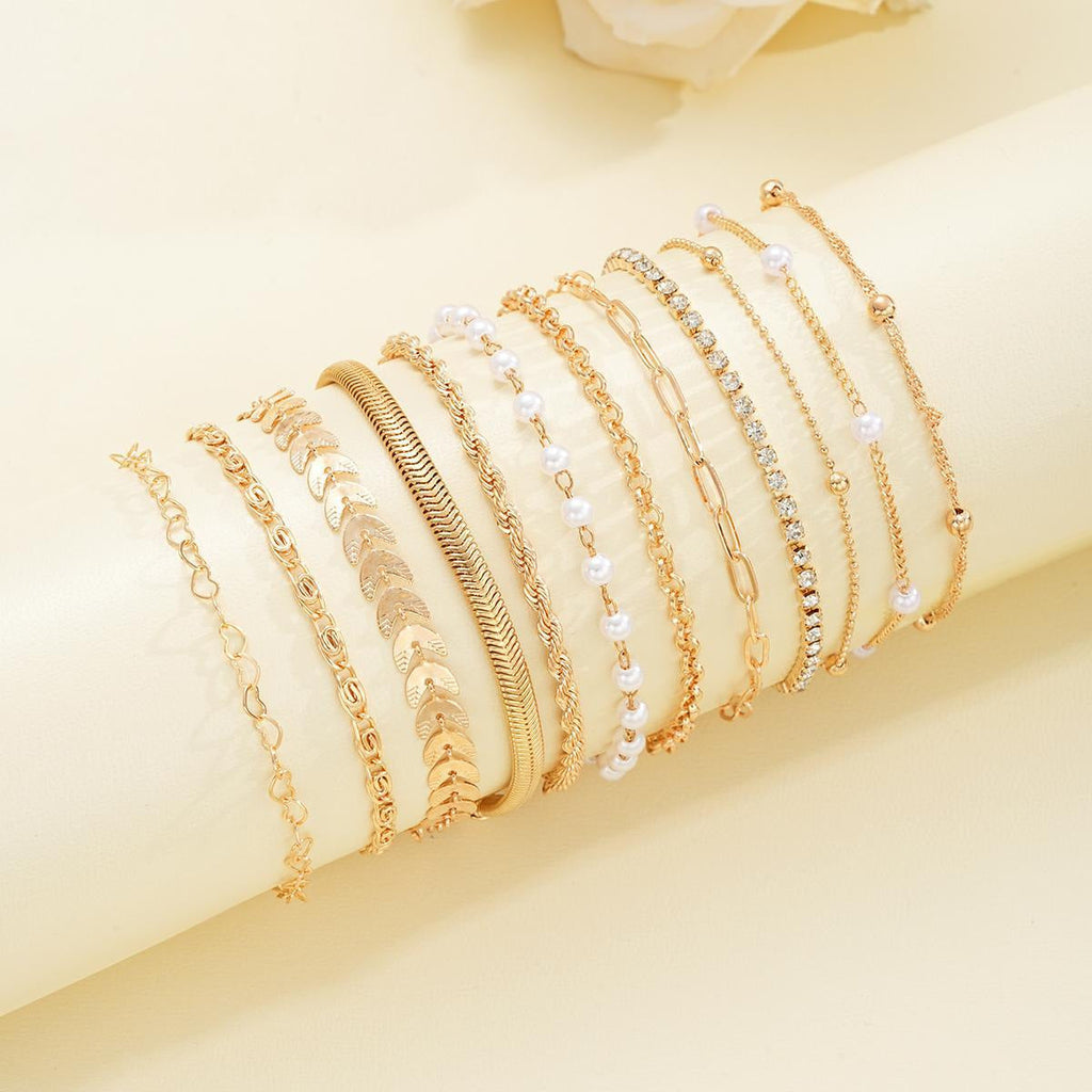 European And American Style Exquisite Beaded Chain Simple Fashionable 12-Piece Bracelet Set For Women
